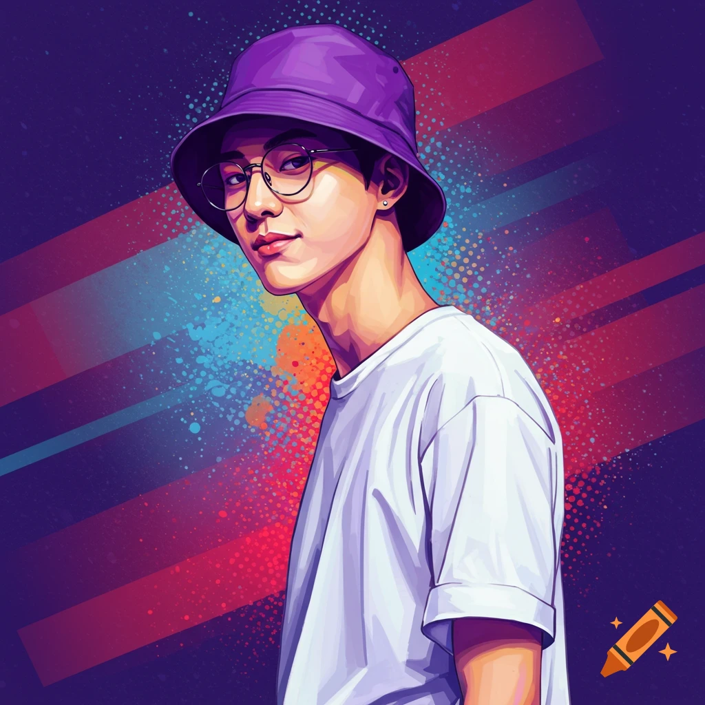 Stylized illustration of a person wearing a purple bucket hat and glasses against a colorful background.