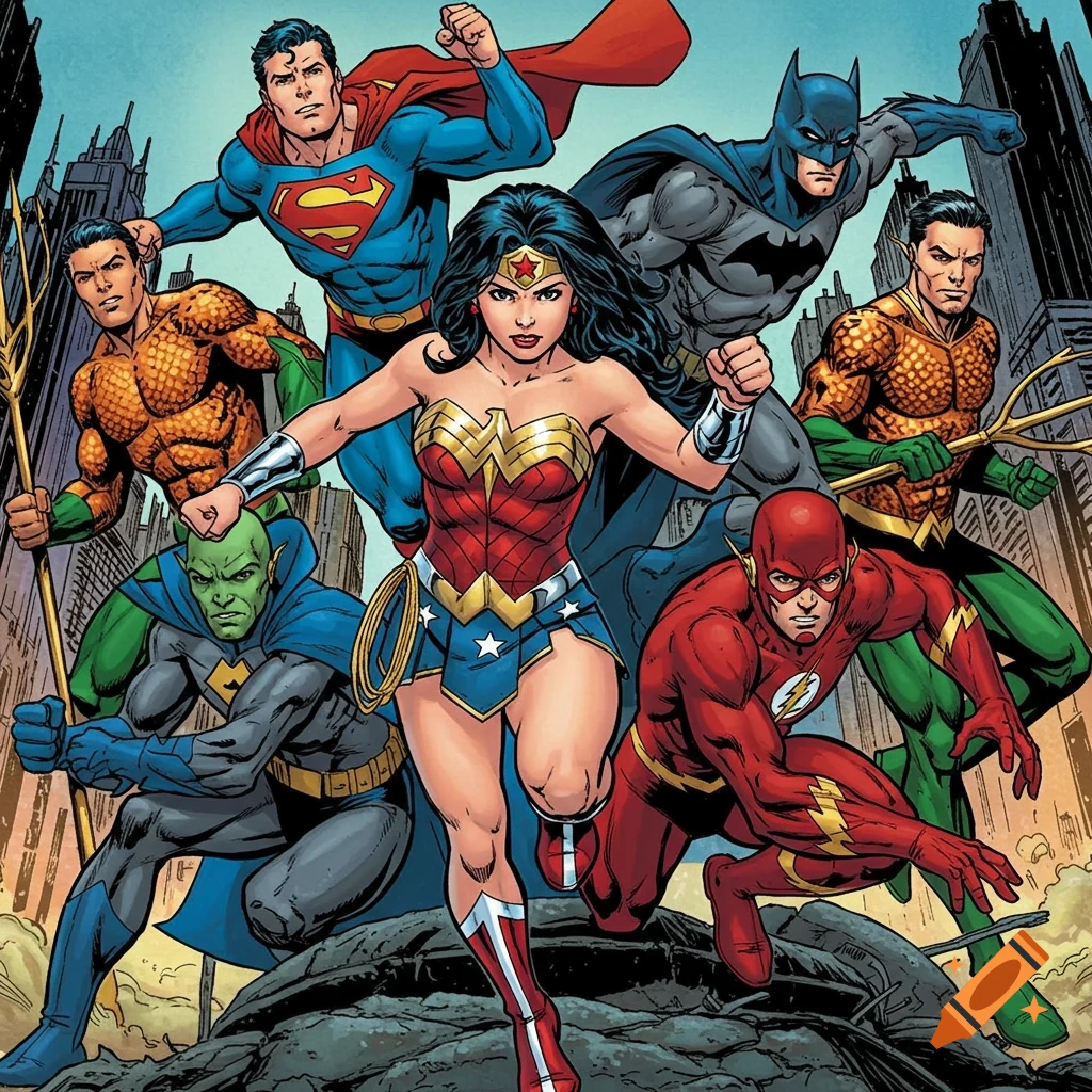 Wonder Woman, Superman, Batman, Aquaman, Martian Manhunter, and The Flash stand together in a dynamic comic book style illustration.