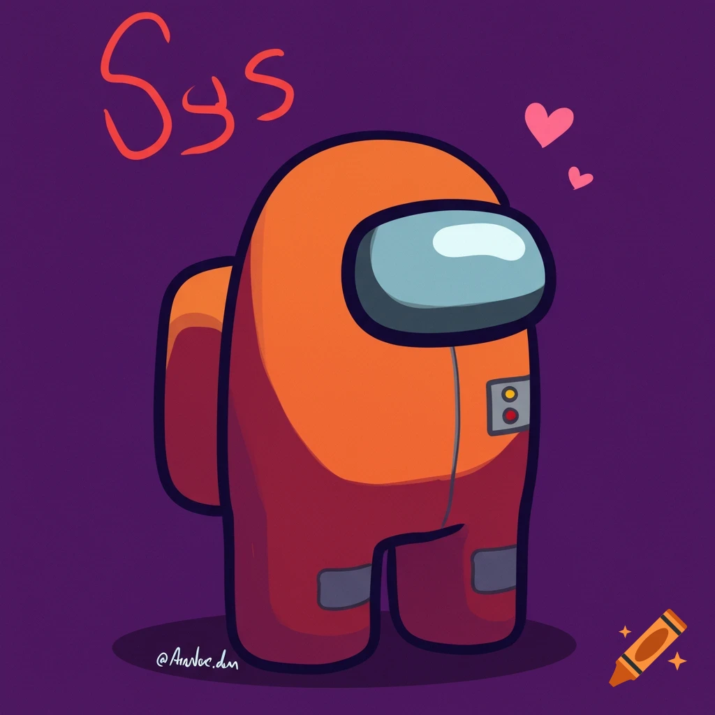 An orange Among Us character stands with the word Sys and hearts above its head.