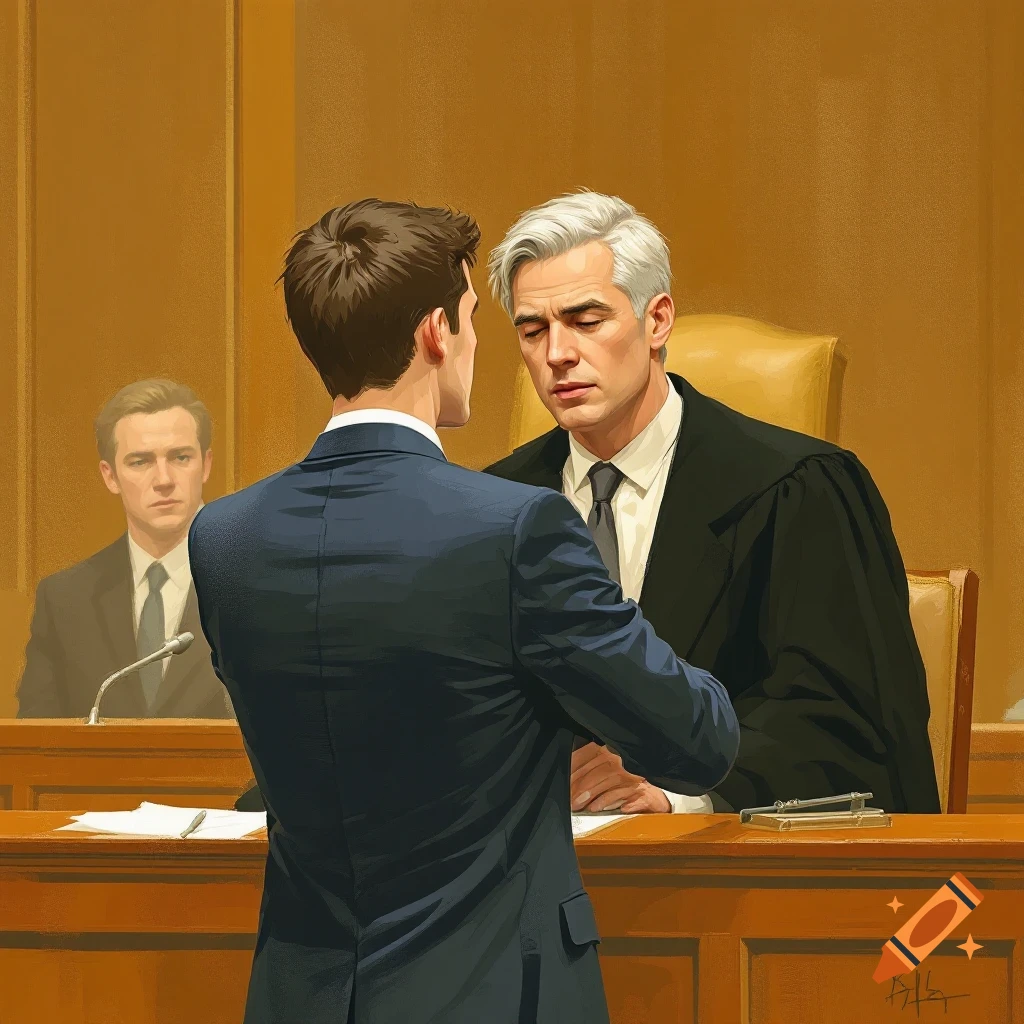 Illustration of a man standing before a judge in a courtroom.