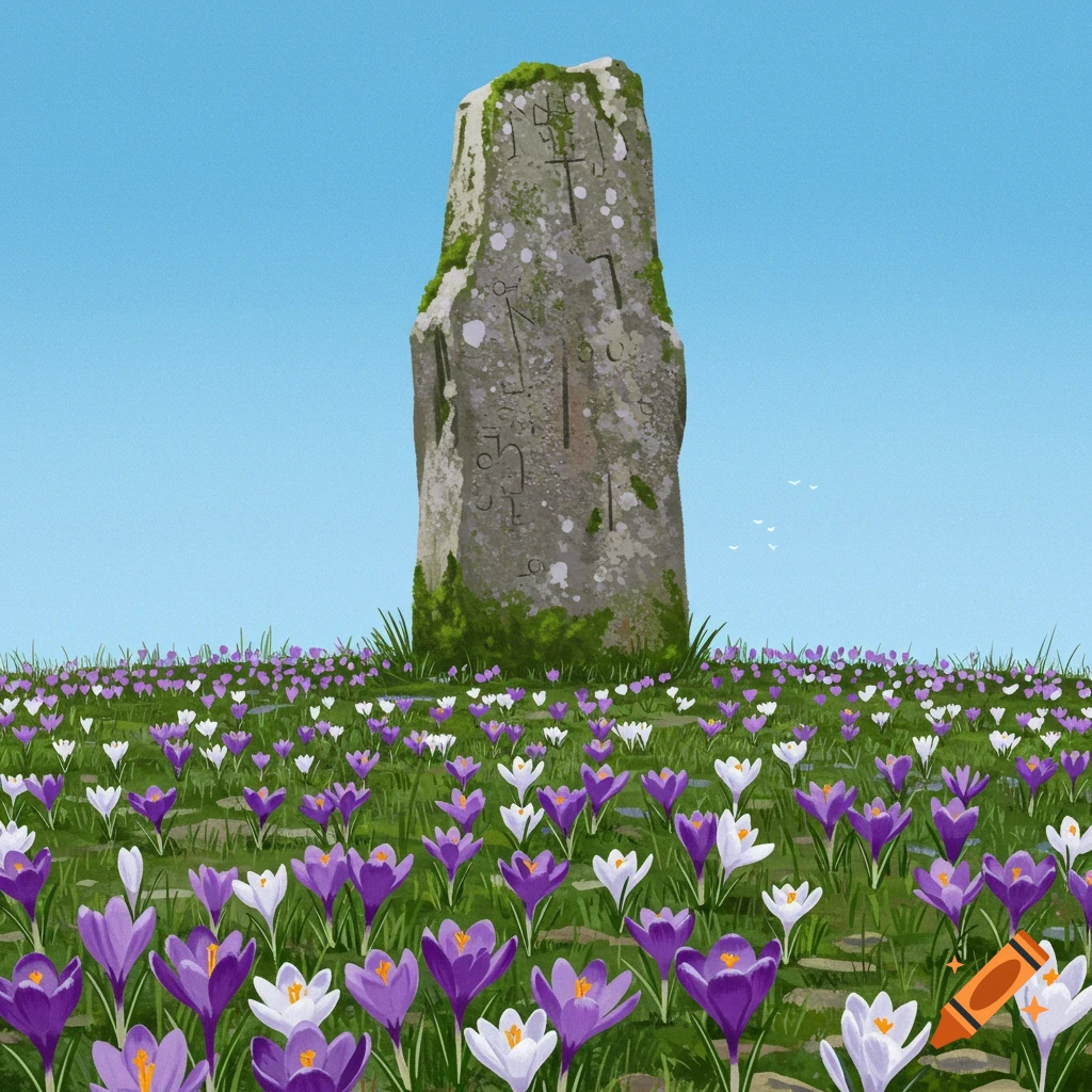 Crocuses blooming around standing stone