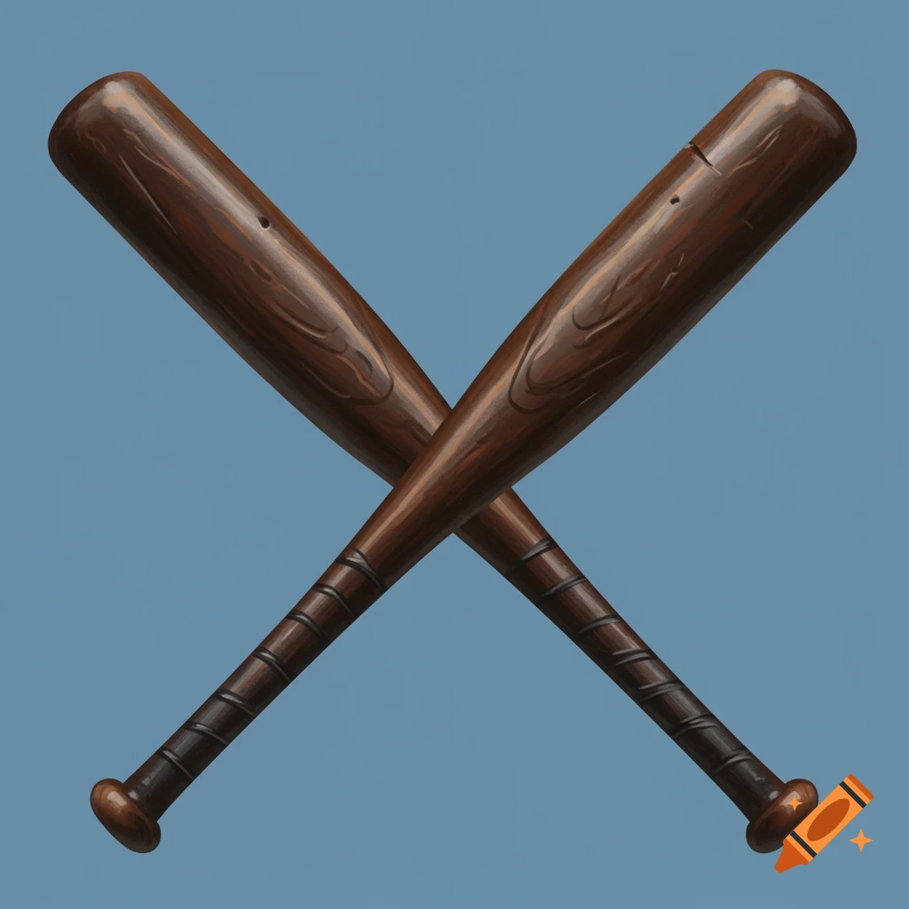 Two wooden baseball bats crossed over each other against a blue background.