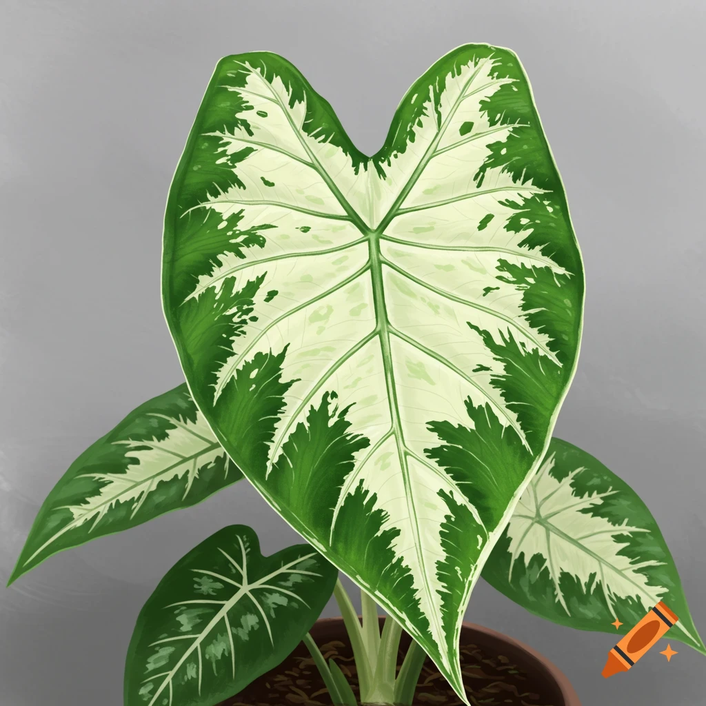 A close-up illustration of a green and white variegated Alocasia Frydek plant in a pot.