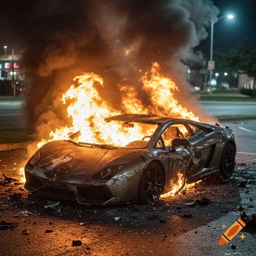 A silver car is engulfed in flames on a street at night.
