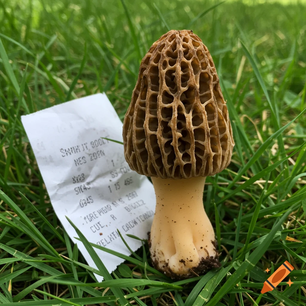 A morel mushroom stands next to a paper receipt in green grass.