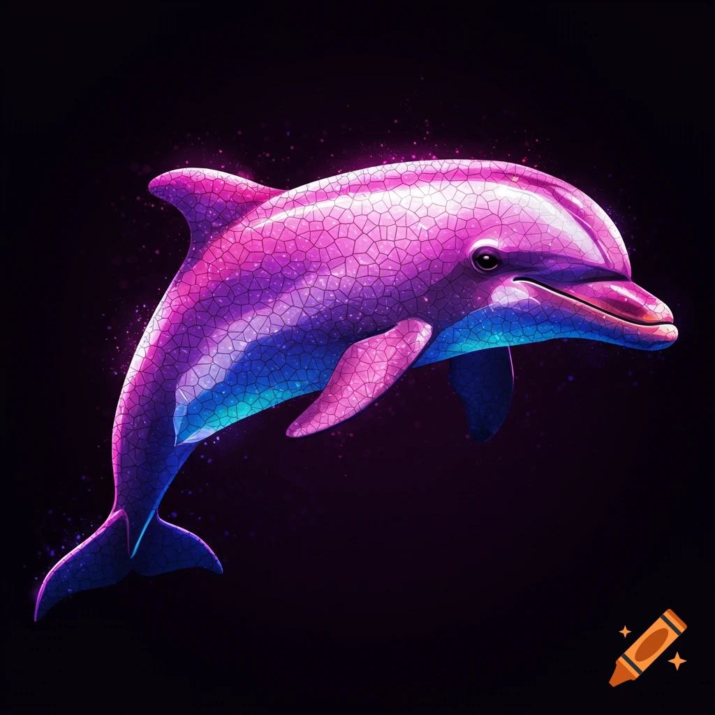 A stylized dolphin with pink and blue mosaic skin swims against a dark background.