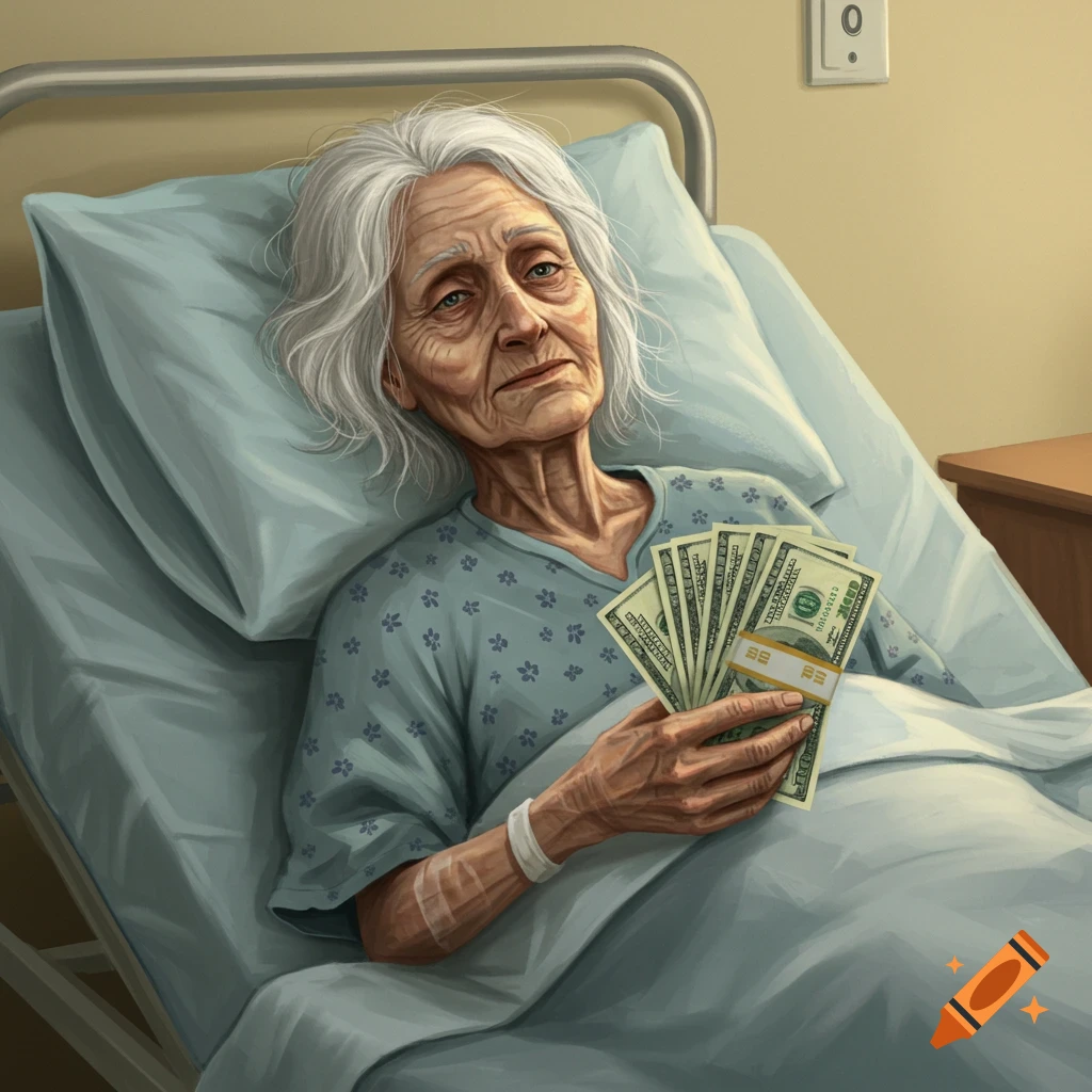 An elderly woman lies in a hospital bed holding a fan of dollar bills.