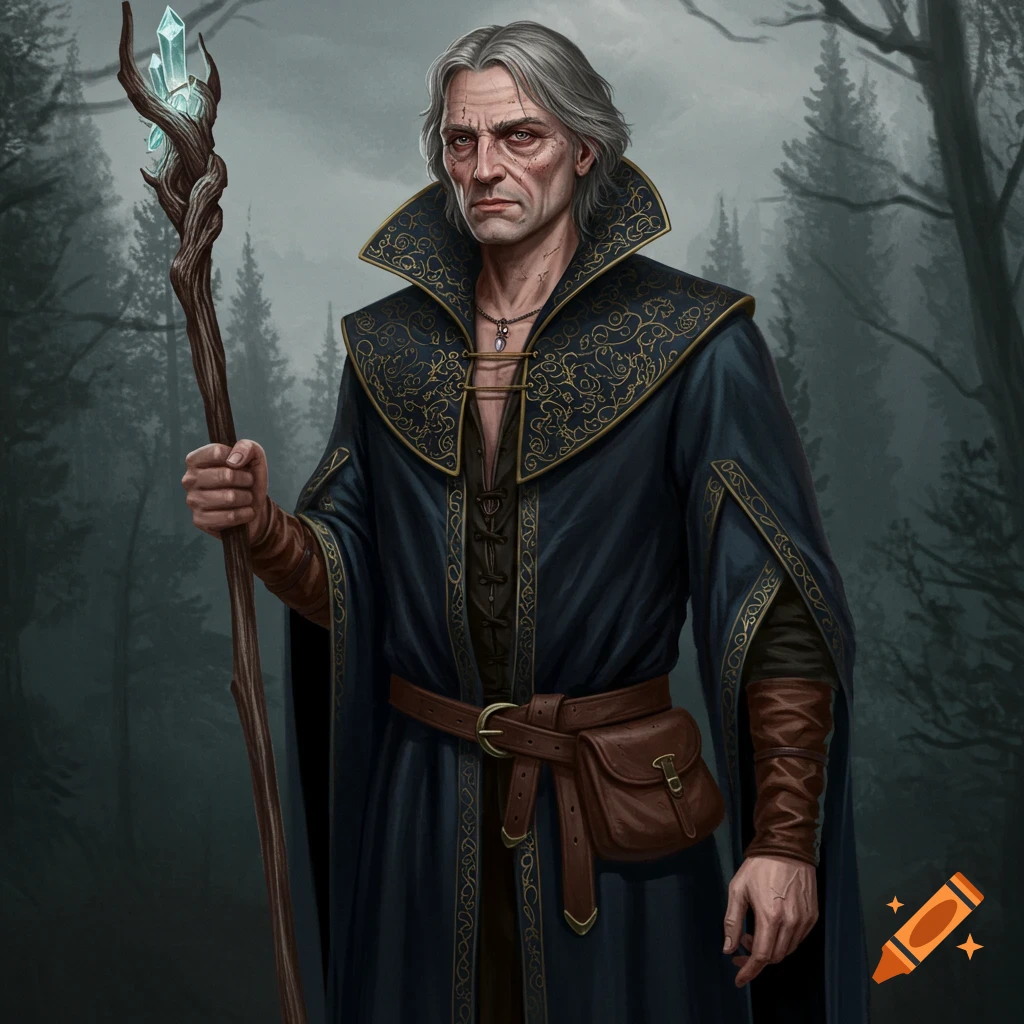A realistic portrait illustration of a male mage in dark robes holding a staff with a glowing crystal in a dark forest.