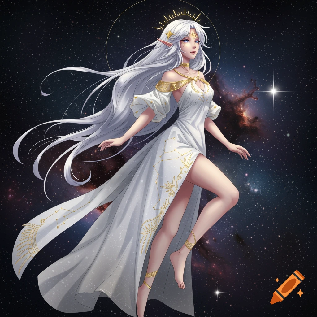 Anime illustration of a woman with long white hair and a flowing white dress floating in space.