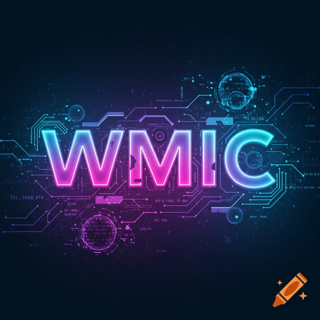 Glowing neon text 'WMIC' over a dark digital circuit board background.