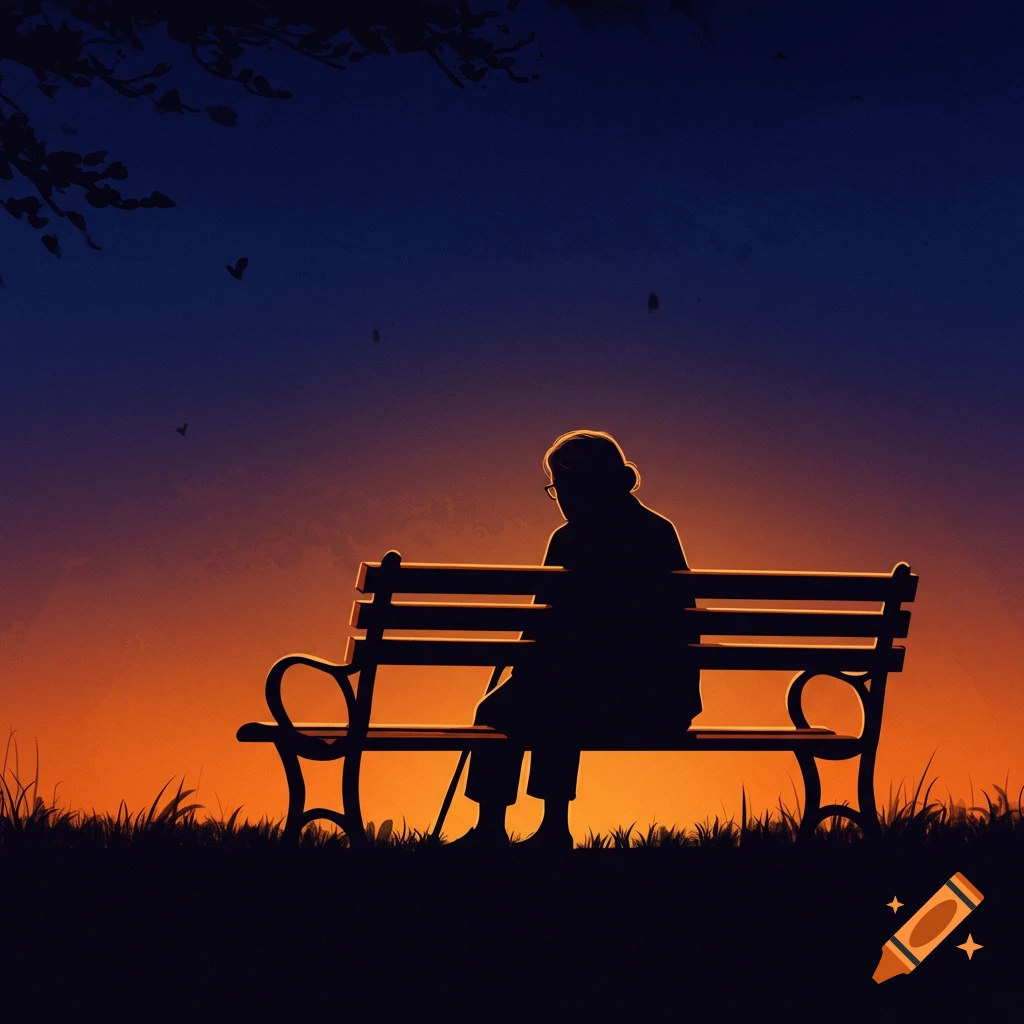 A silhouette of an elderly person sitting on a park bench against an orange and blue sunset.