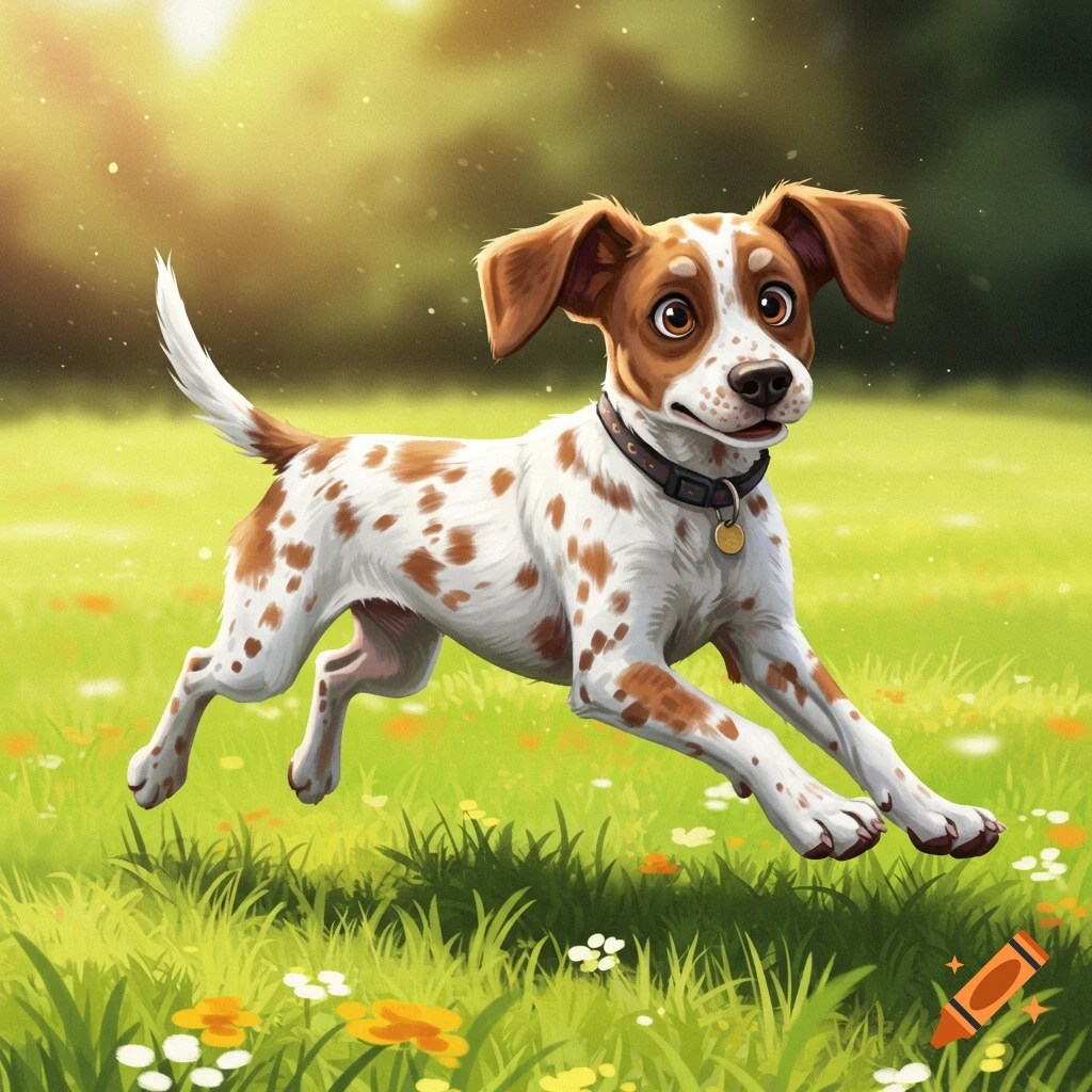 A cartoonish brown and white spotted dog is running in a sunny grassy field.