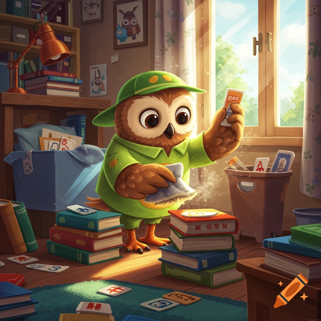 A cartoon owl wearing a green cap and shirt, holding a cleaning cloth and an UNO card, tidying a sunlit room filled with books and scattered cards.
