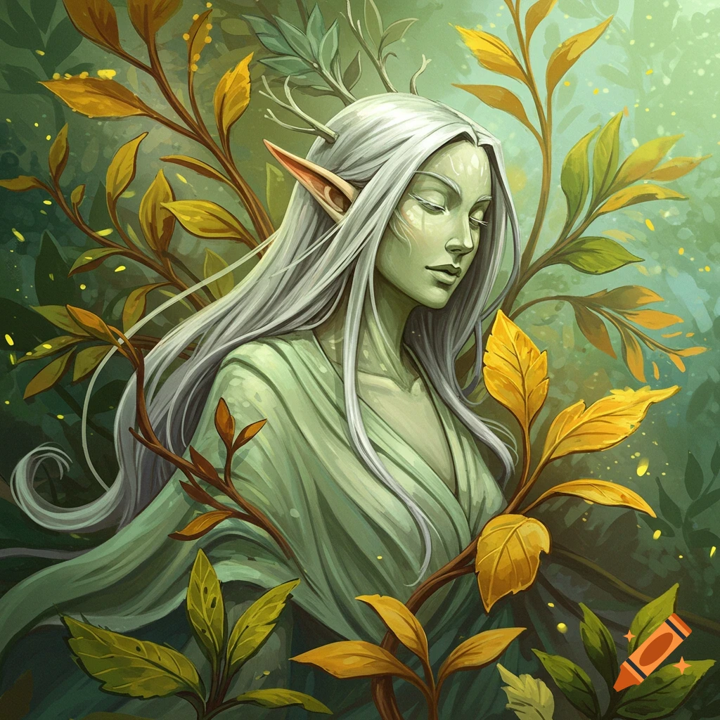 Illustration of a white-haired, green-skinned elf surrounded by autumn leaves.