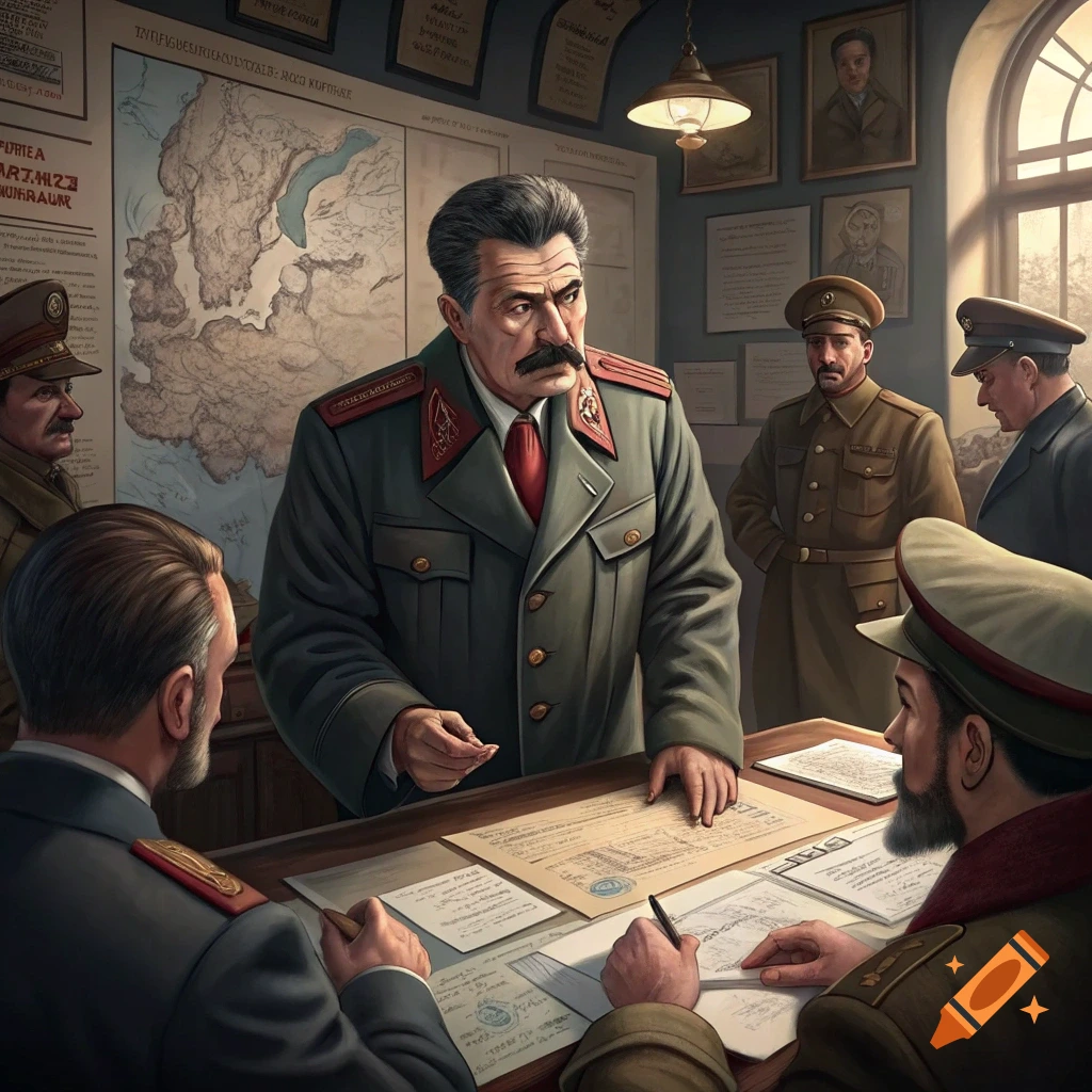 Joseph Stalin and military officers gather around a table with maps and documents.