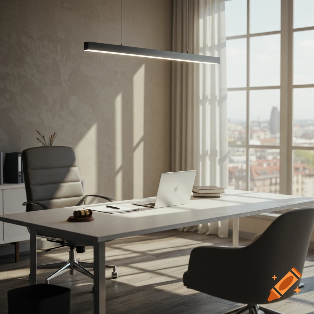A modern office with a desk, laptop, and large window overlooking a city skyline.