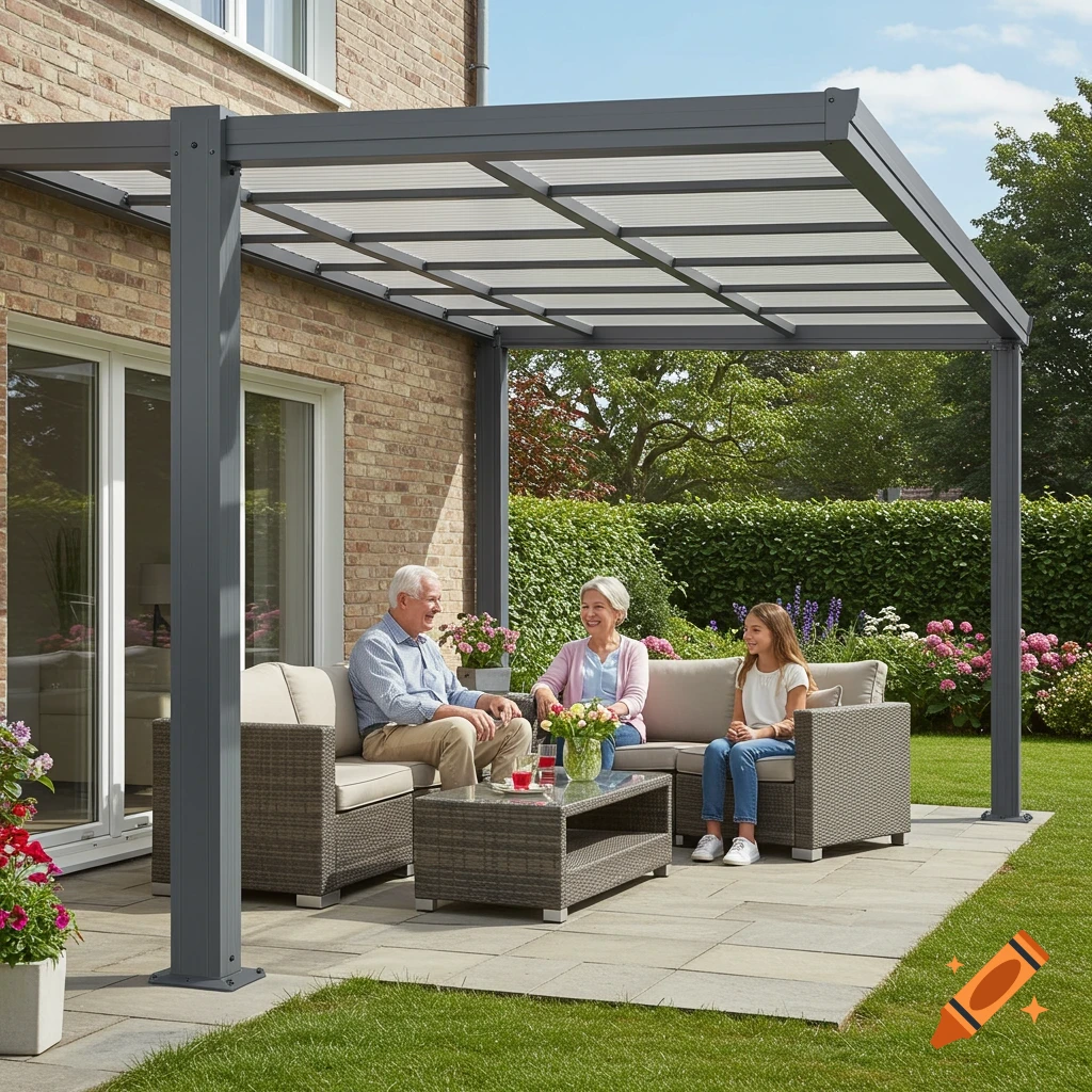 An elderly couple and a girl relax on a patio under a grey aluminum pergola next to a house.