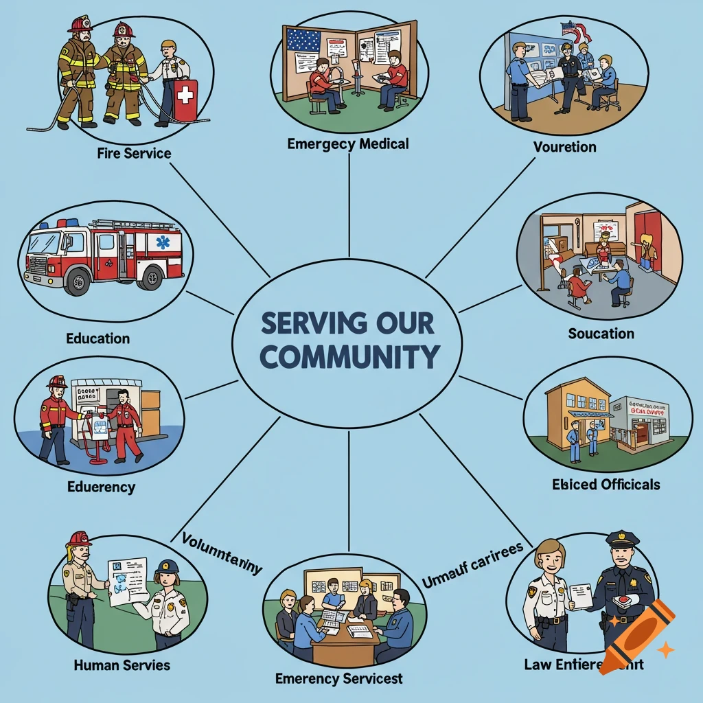 Serving our community word web featuring fire service, emergency medical services, education, emergency management, human services, elected officials, and law enforcement.