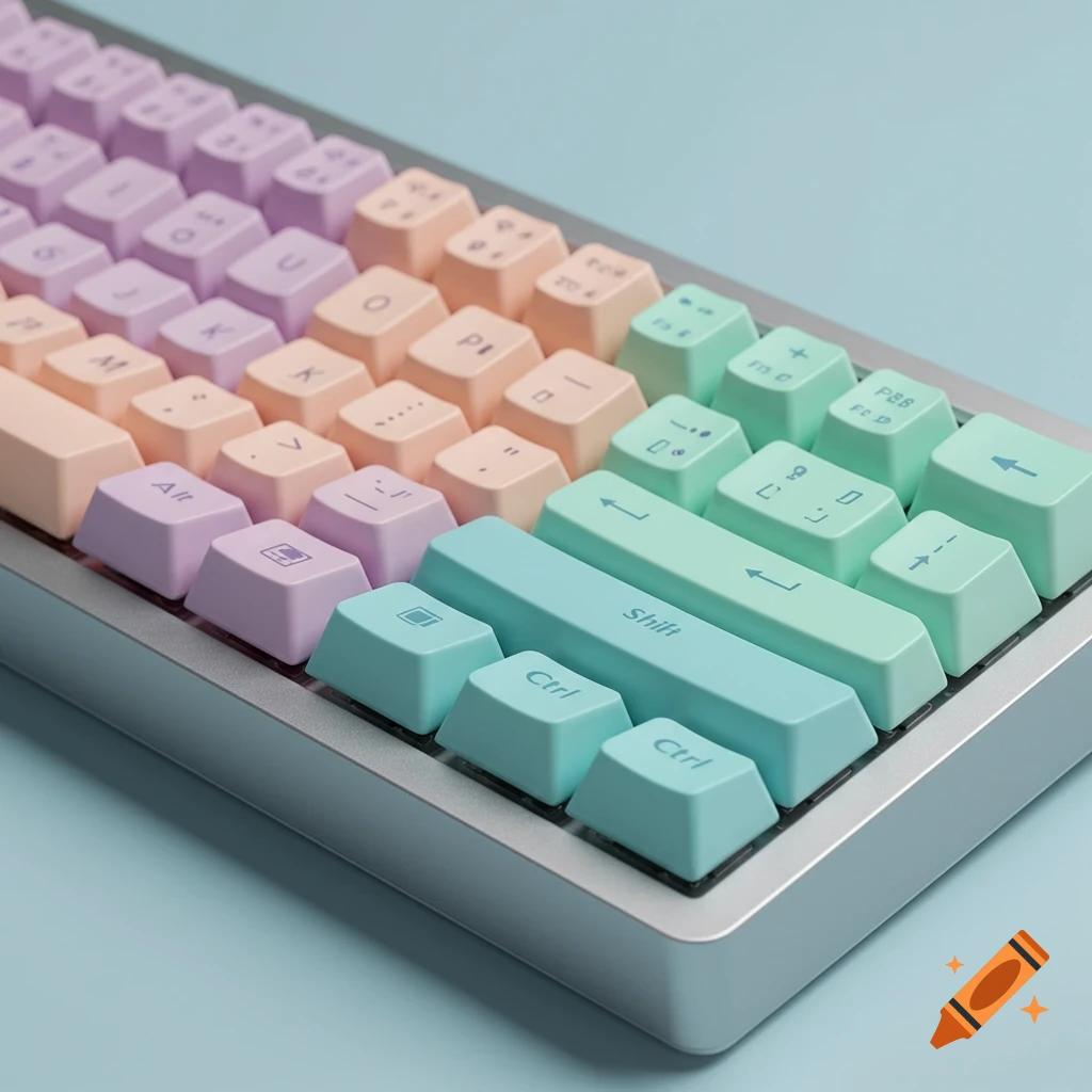 Close-up of a mechanical keyboard with pastel purple, peach, teal, and light blue keycaps.