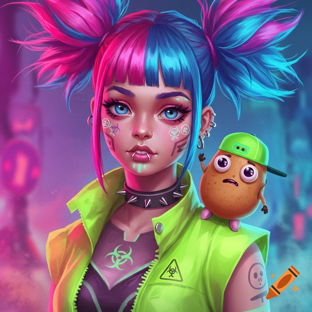 Illustration of a cyberpunk girl with pink/blue hair, neon jacket, and toxic symbols, with a small potato sidekick.