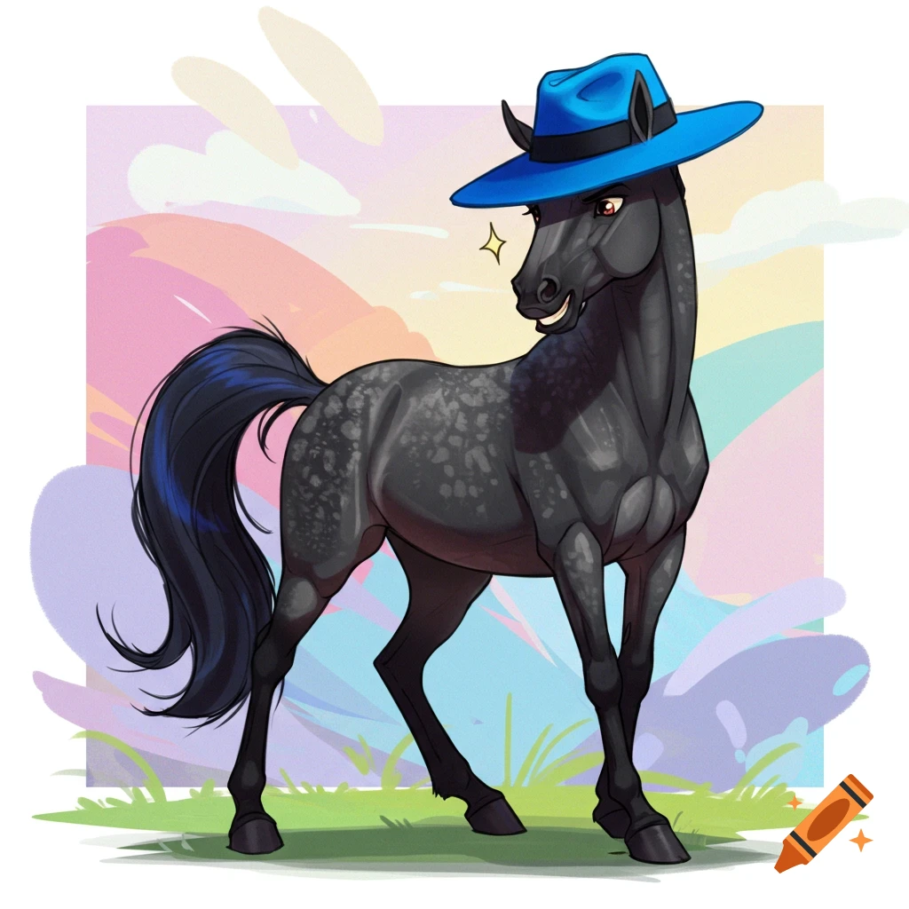 Horse wearing a blue hat