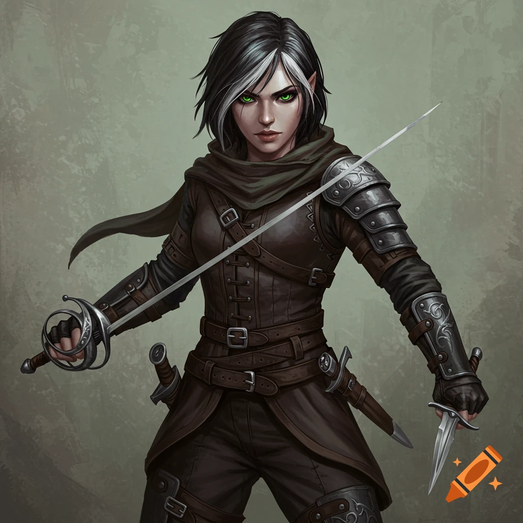 Illustration of a female fantasy rogue with green eyes and silver-streaked dark hair, holding a rapier and a dagger.