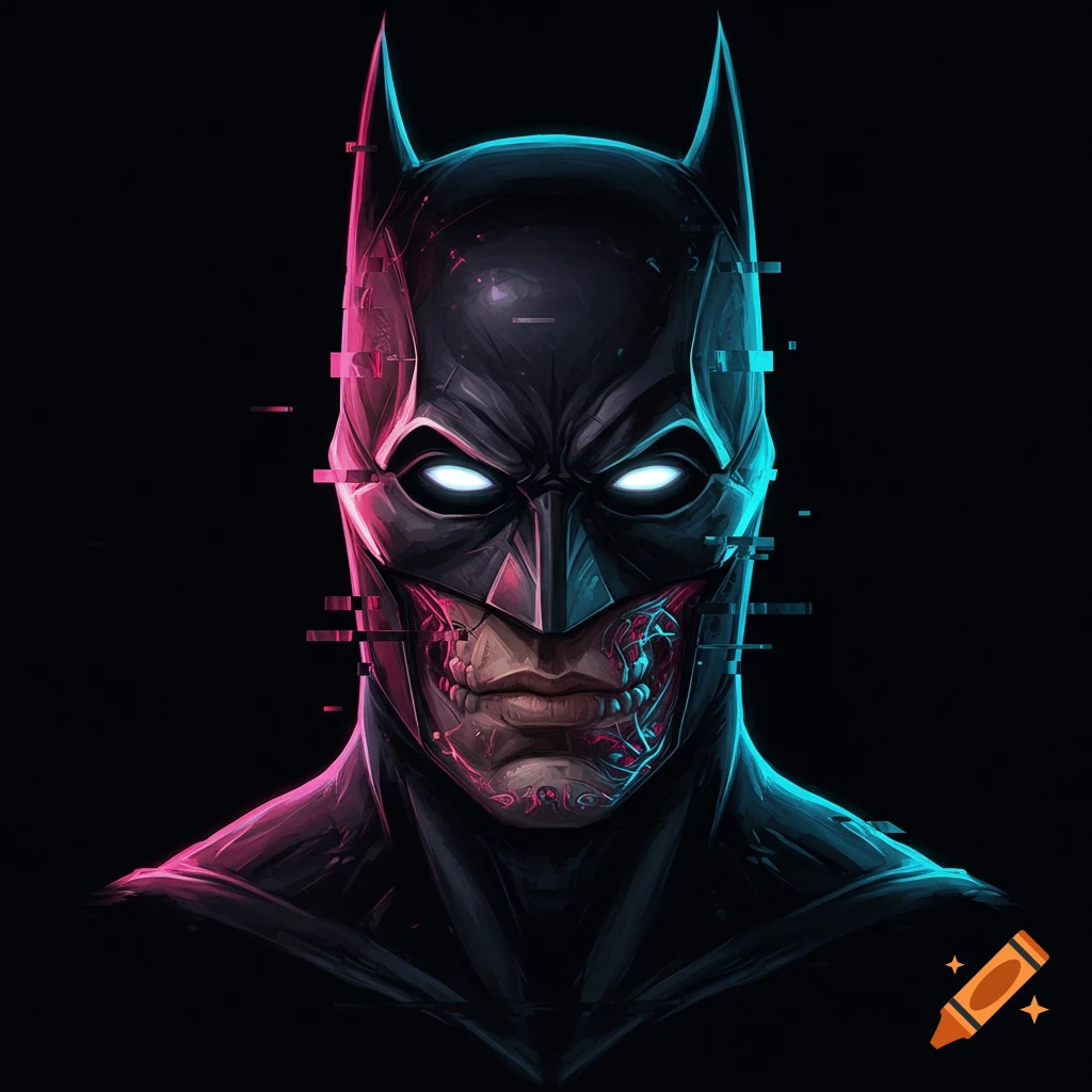 Bust of Batman with a digital glitch and xray effect on his face, lit with pink and blue light.