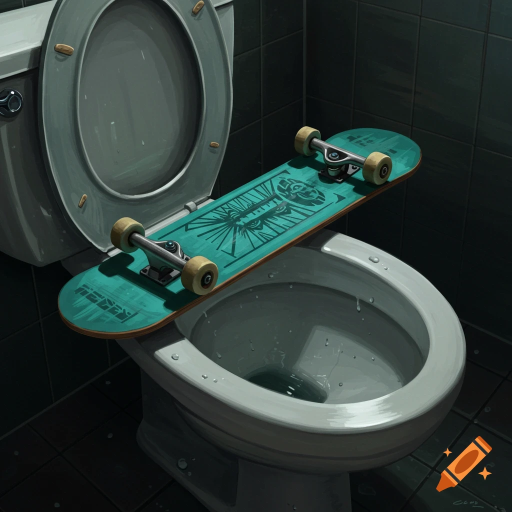 A skateboard rests on a toilet bowl in a dimly lit bathroom.