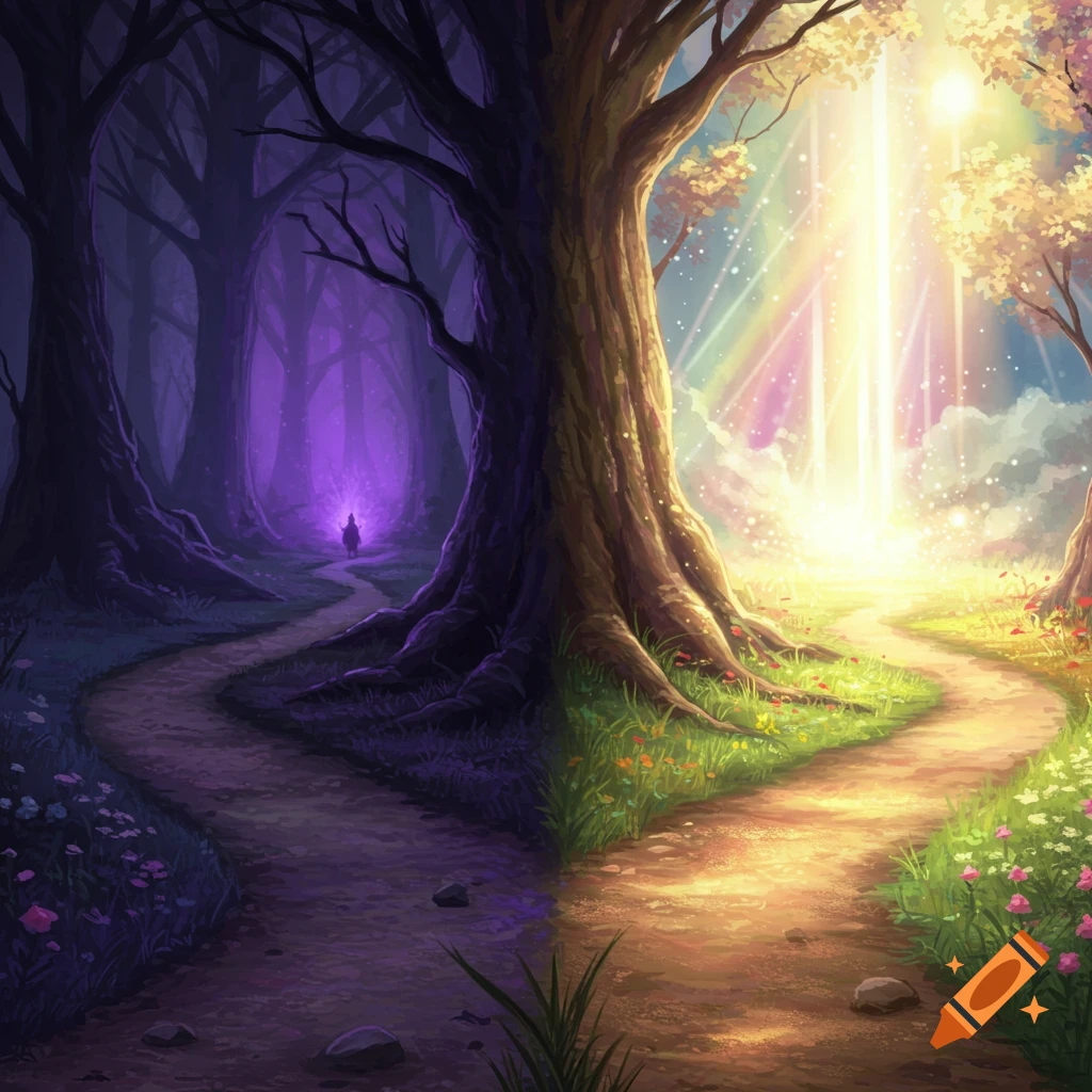 A path splits between a dark, purple forest and a bright, sunny landscape.