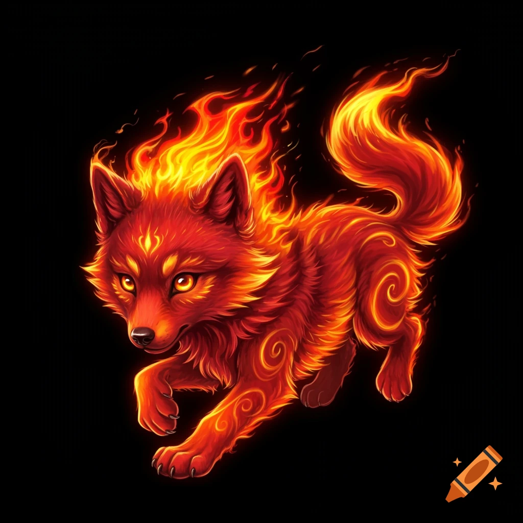 An illustration of a red wolf puppy made of fire, running on a black background.