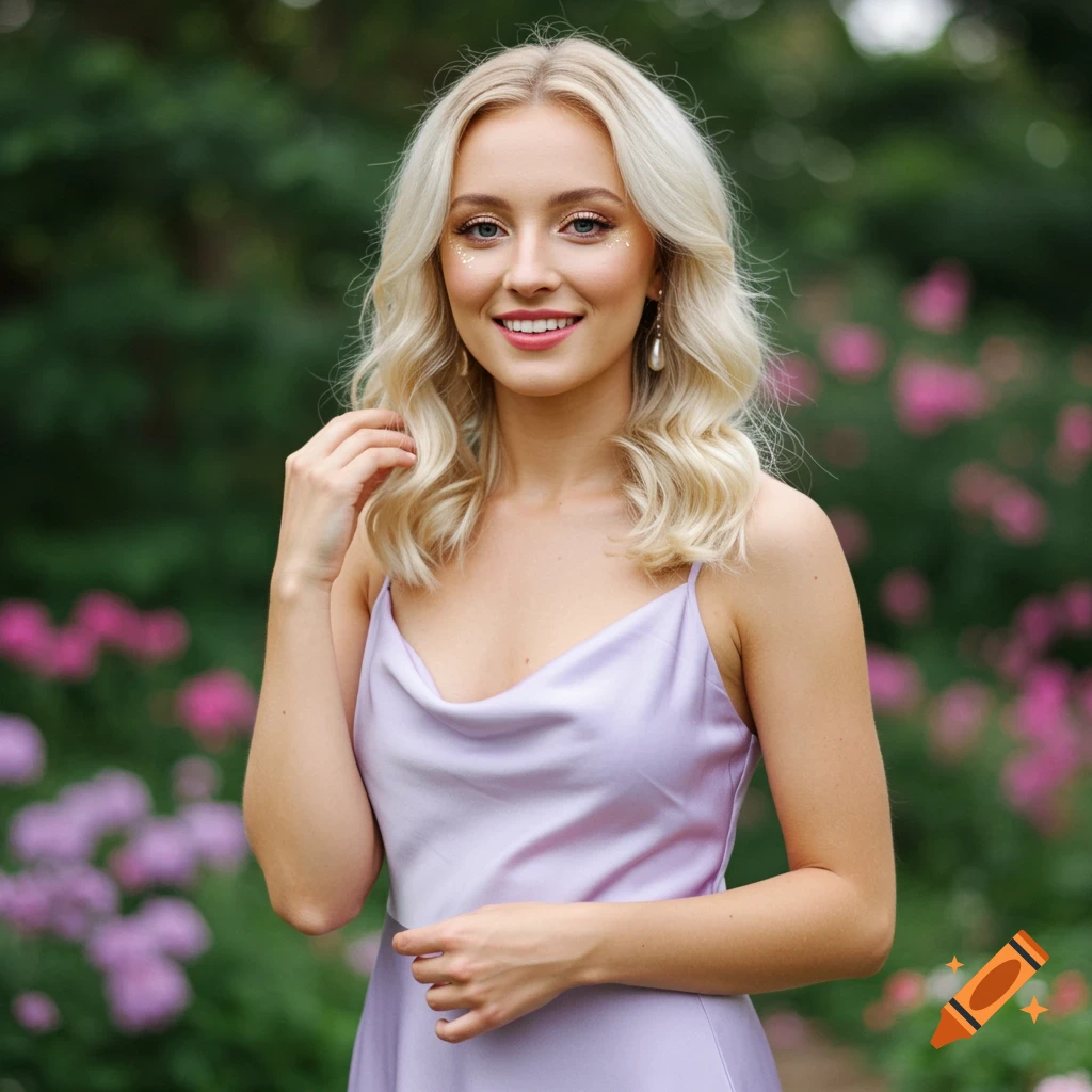 A blonde woman with makeup and a purple dress stands in a garden.