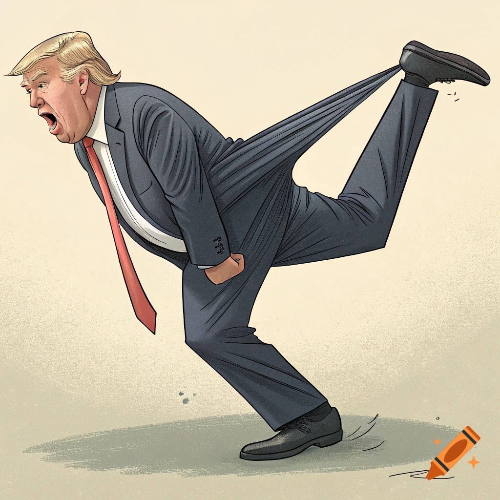 Cartoon illustration of Donald Trump receiving an atomic wedgie, pulled by his leg.