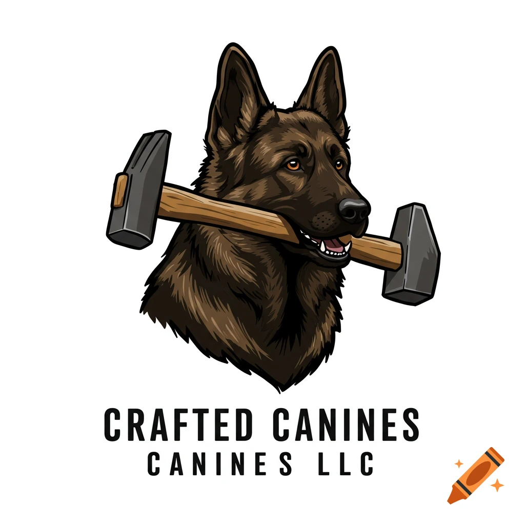 Illustration of a brown German Shepherd holding a hammer in its mouth, with the text 'CRAFTED CANINES CANINES LLC' below.
