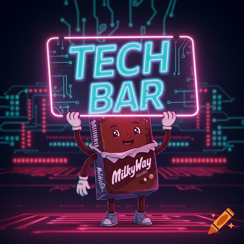 Cartoon candy bar character holds a glowing neon sign that says 'TECH BAR' in a tech-themed setting.