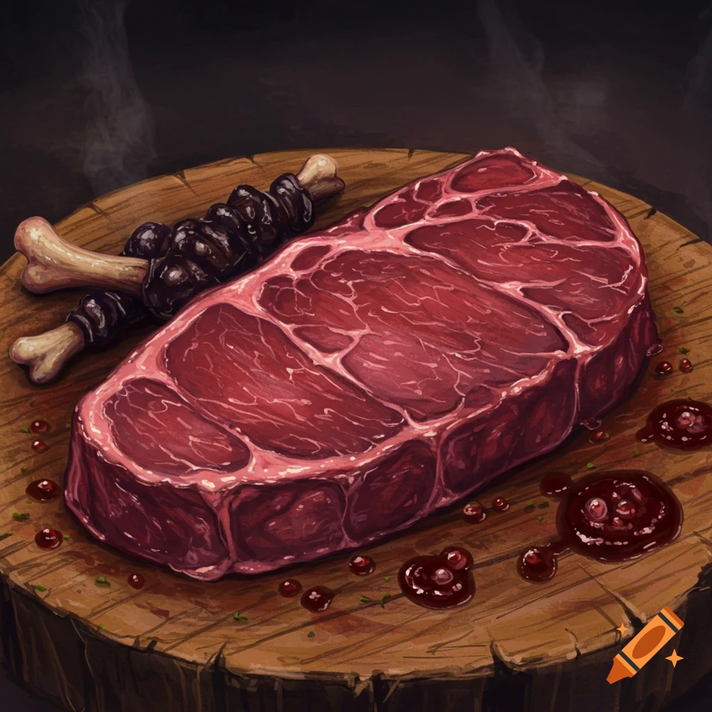A close-up illustration of a large raw steak on a wooden board with bones and sauce.
