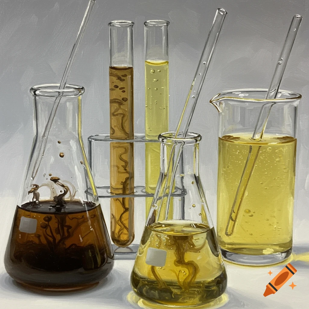 Still life of lab glassware with brown and yellow liquids and stirrers