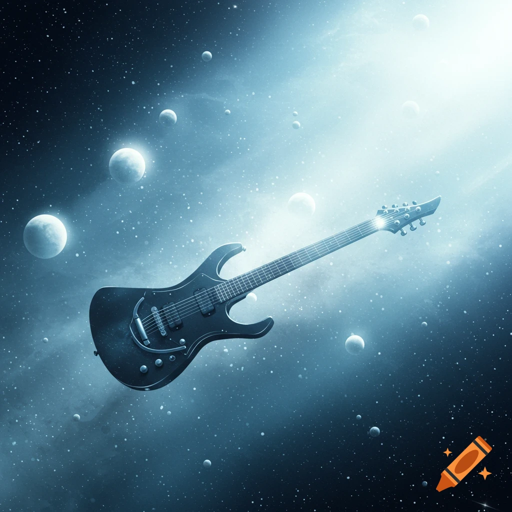 An electric guitar floats in deep space among stars and glowing orbs.
