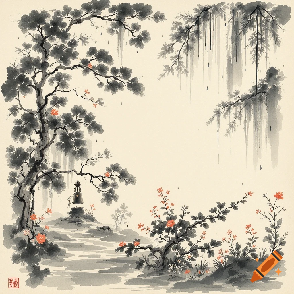 Chinese ink painting landscape with trees, bell, stream, and flowers.
