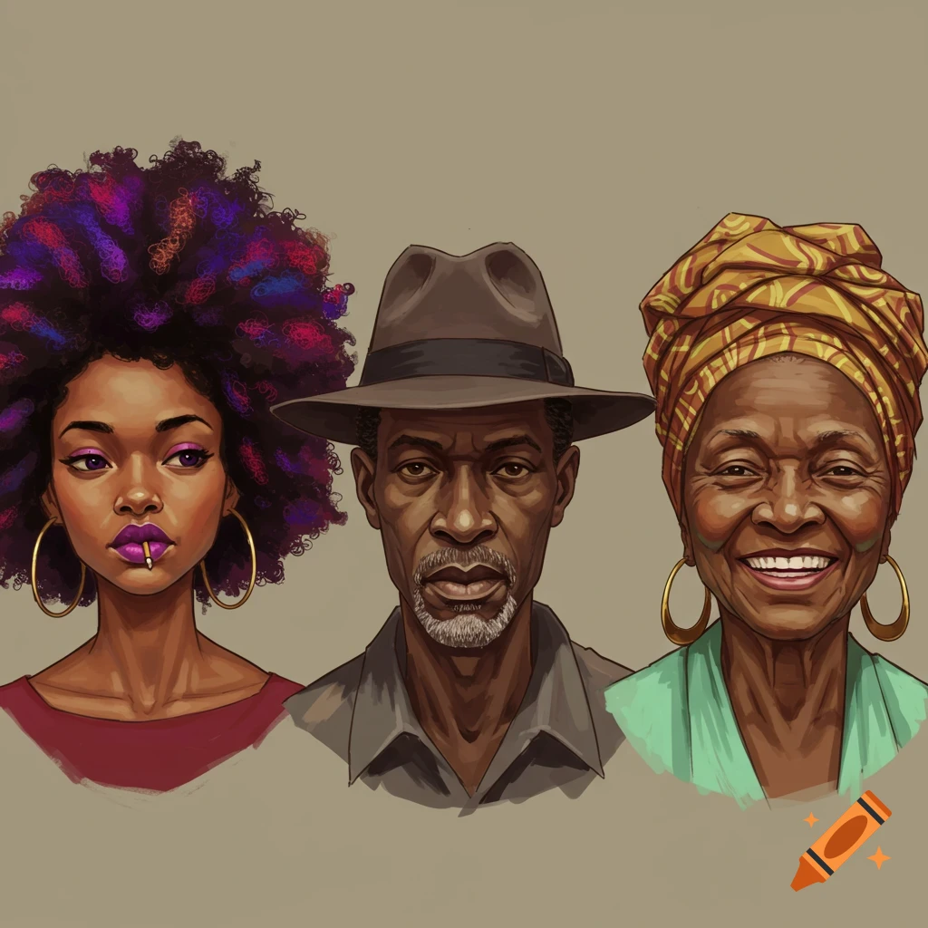 Illustrated portraits of three Black individuals: a young woman, an older man in a hat, and an older woman in a headwrap.