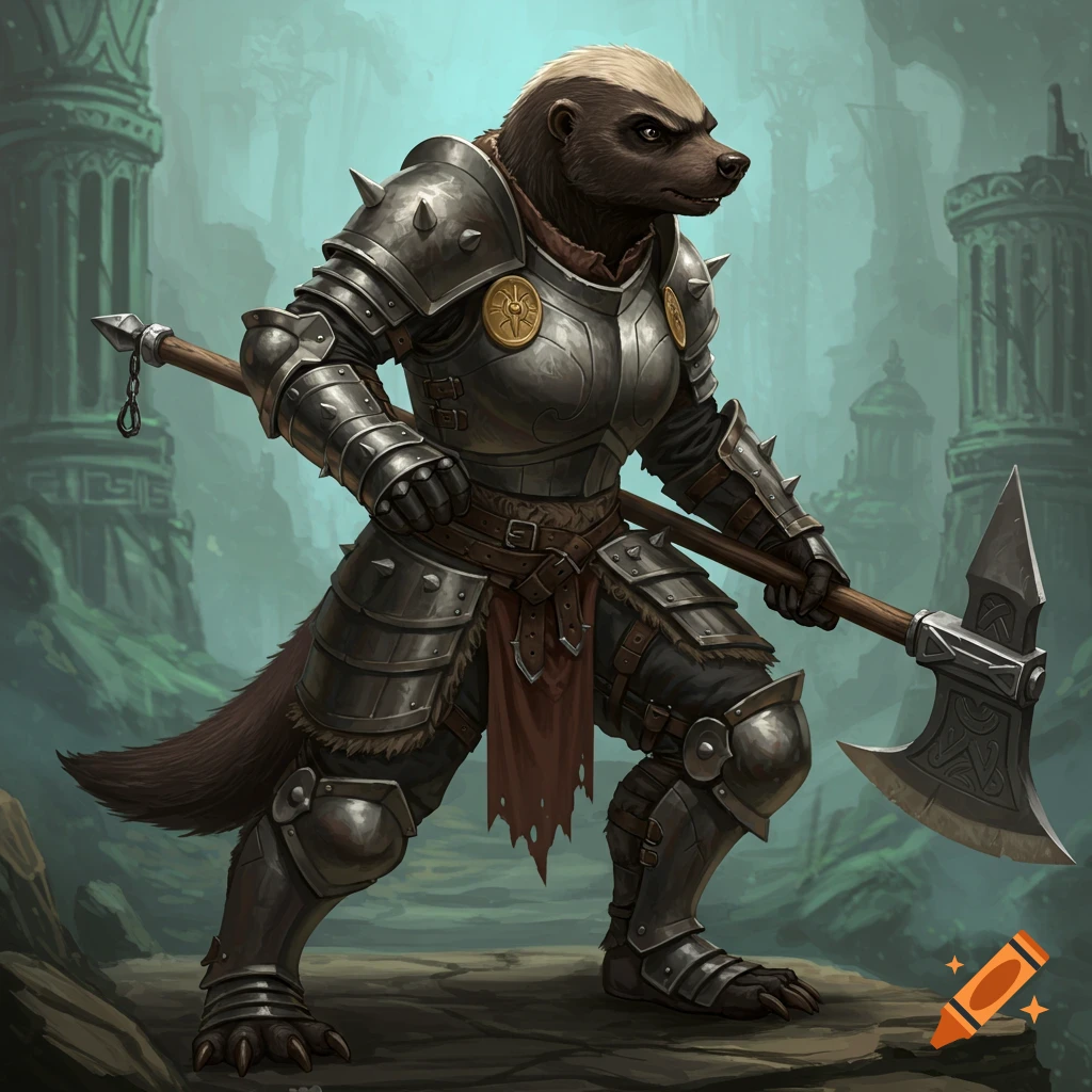 Anthropomorphic honeybadger in full plate armor holding a large axe in front of ancient ruins.