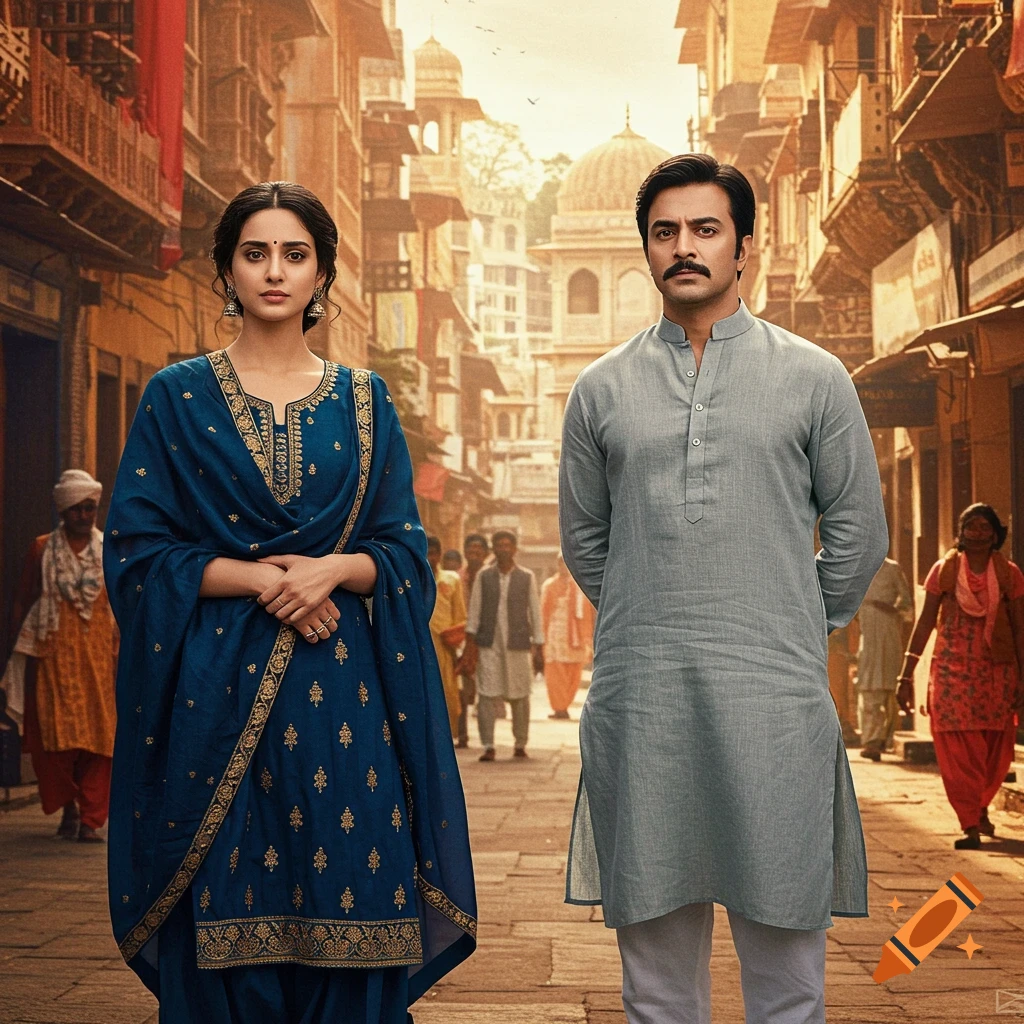 A man and woman in traditional Indian clothing stand on a busy street.