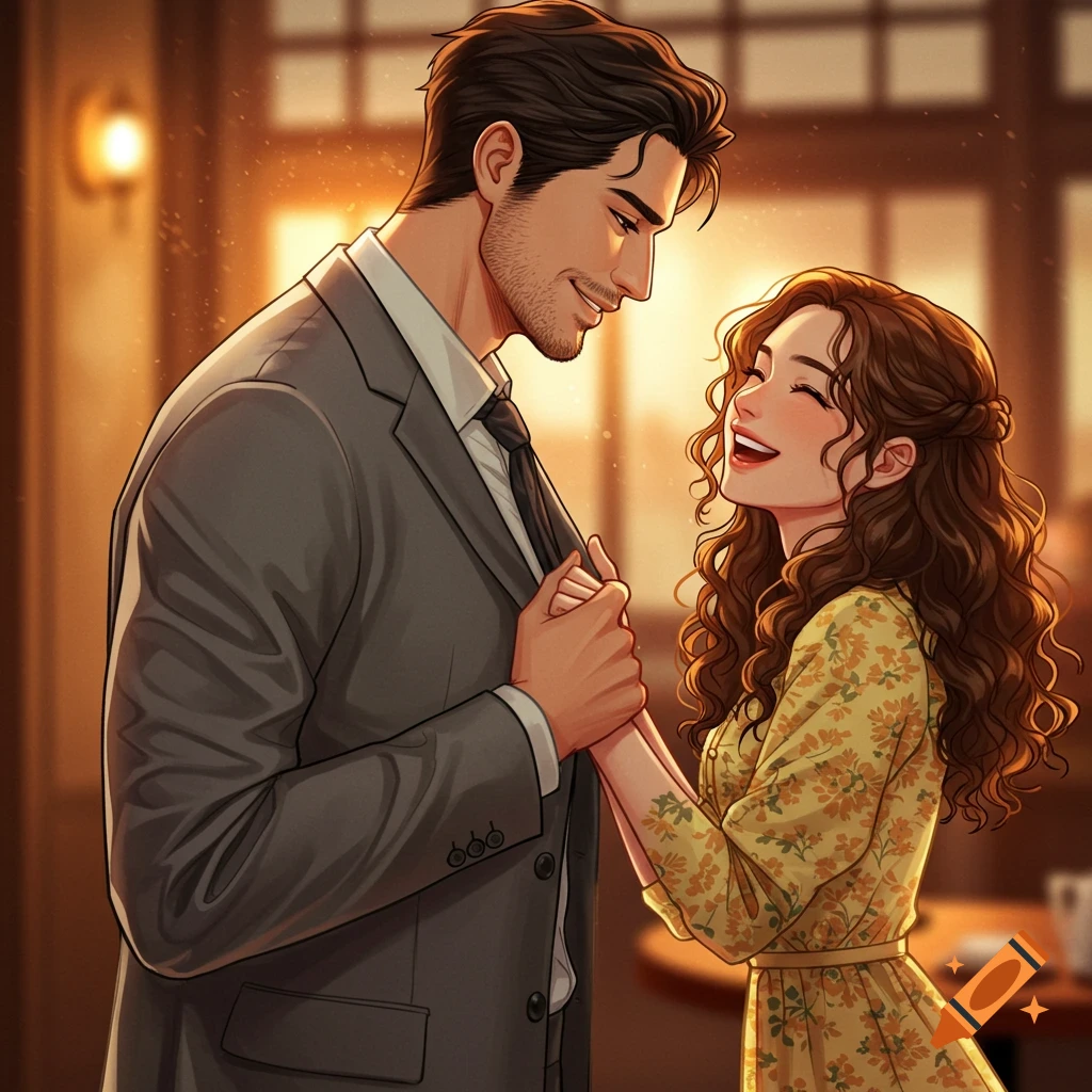 Illustration of a couple holding hands and smiling warmly at each other.