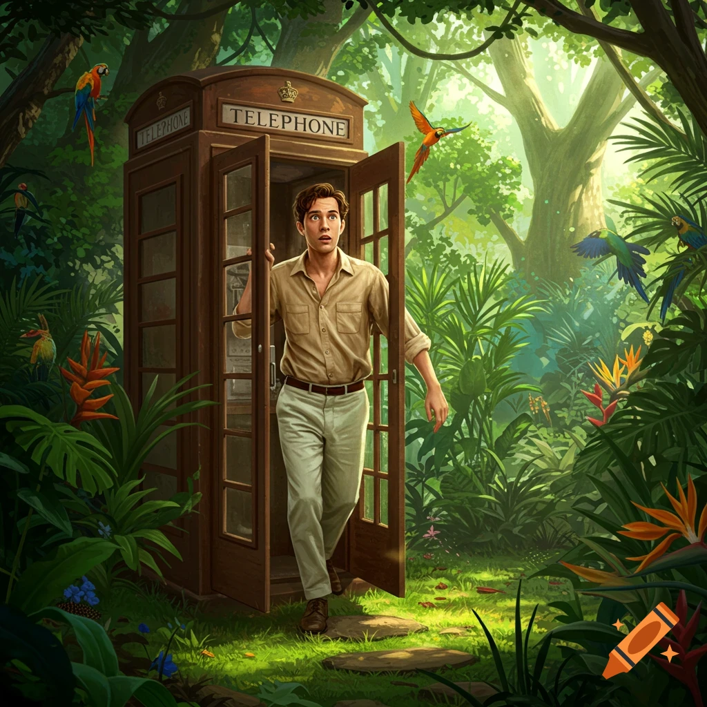 A man steps from a classic phone booth into a lush jungle scene with parrots.