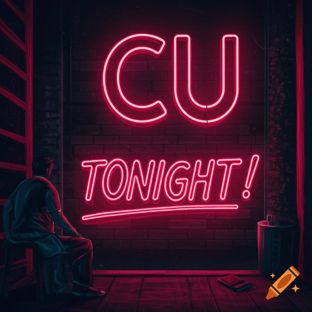 A person sits before a red neon sign on a brick wall that says CU TONIGHT!