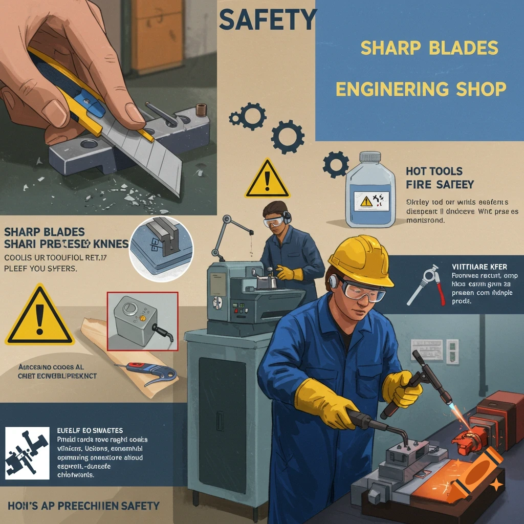 Engineering shop safety poster with sharp tools, chemicals, and hot equipment warnings