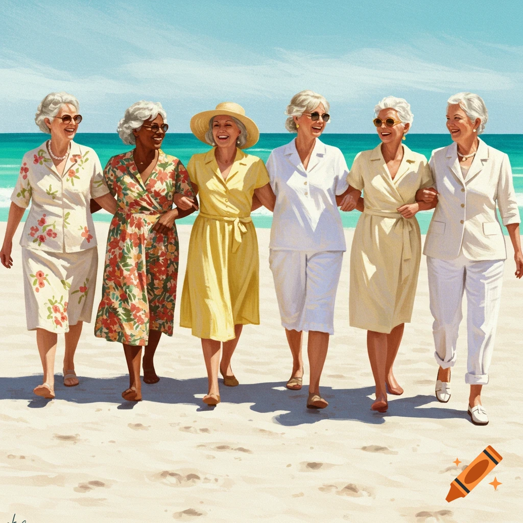 Six older women walk arm-in-arm along a sunny beach in a painterly style.