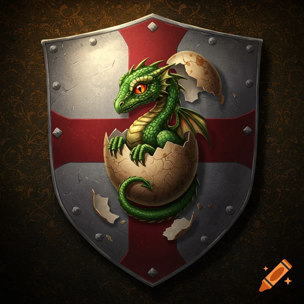 A cute baby dragon hatching from an egg on a medieval shield.