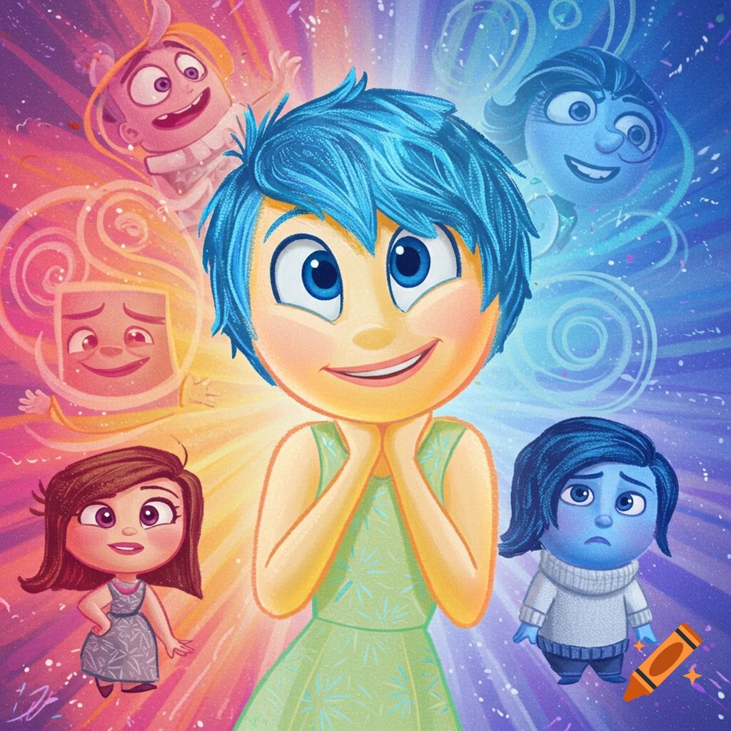 Joy, Sadness, Fear, Anger, and Disgust characters from Inside Out in a colorful illustration style.