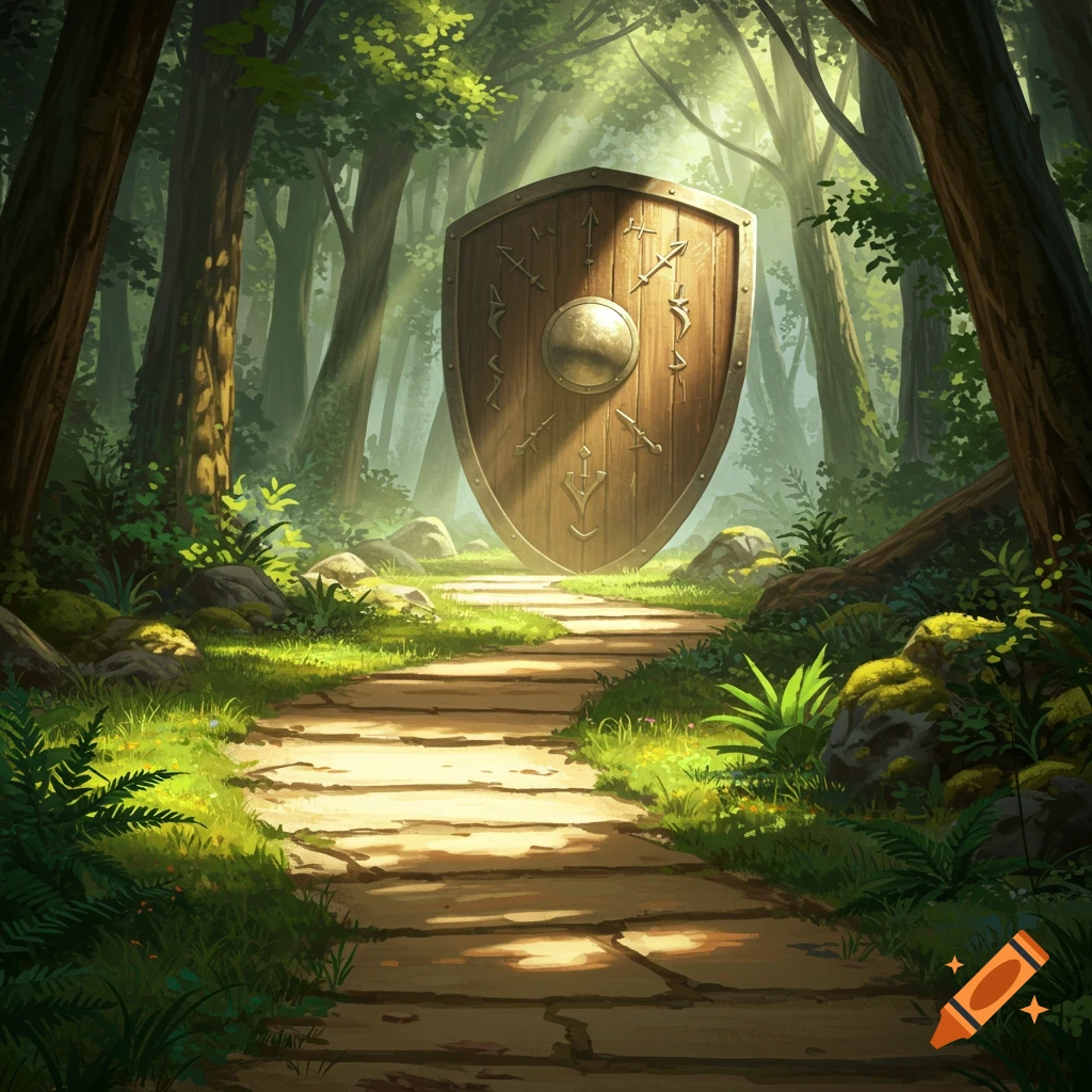 A stone path leads through a sunny forest towards a large wooden shield standing upright.