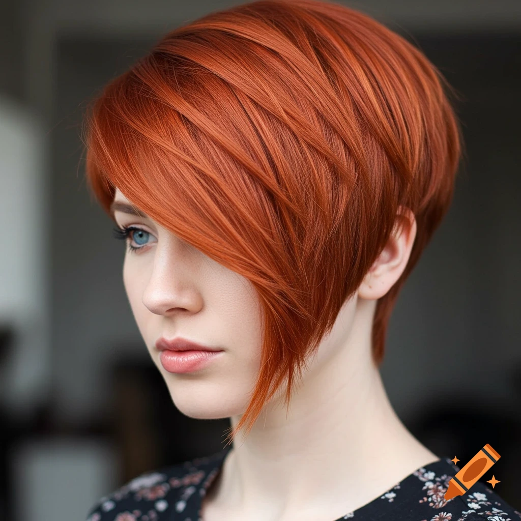 Close-up photorealistic portrait of a young woman with short, bright red asymmetrical hair and blue eyes
